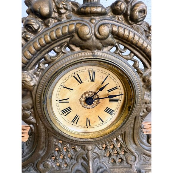 Antique 1880s Cast Iron Gold GIlt Clock Mermaids Womans Face Ornate Running - Picture 2 of 16